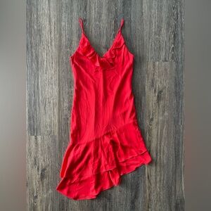 Amanda Uprichard | Red Spaghetti Strap Ruffled Asymmetrical Hem Mini Dress